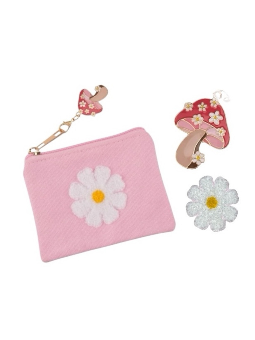 Pink Daisy Coin Pouch with Mushroom Charm Keychain - Picture 9 of 9